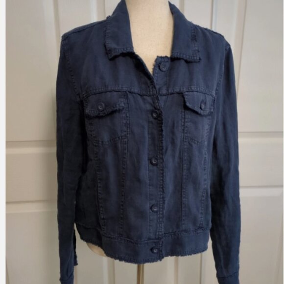 Tommy Bahama Jacket Women L, Linen Raw Edge Two Palms Pockets, Navy Blue, NWOT - Picture 1 of 6